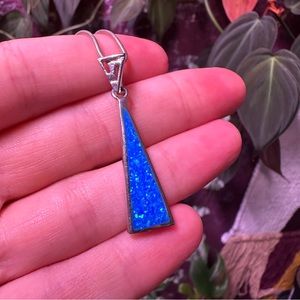 Vintage Sterling Silver Blue Opal Geometric Pendant Necklace 925 Minimalist
